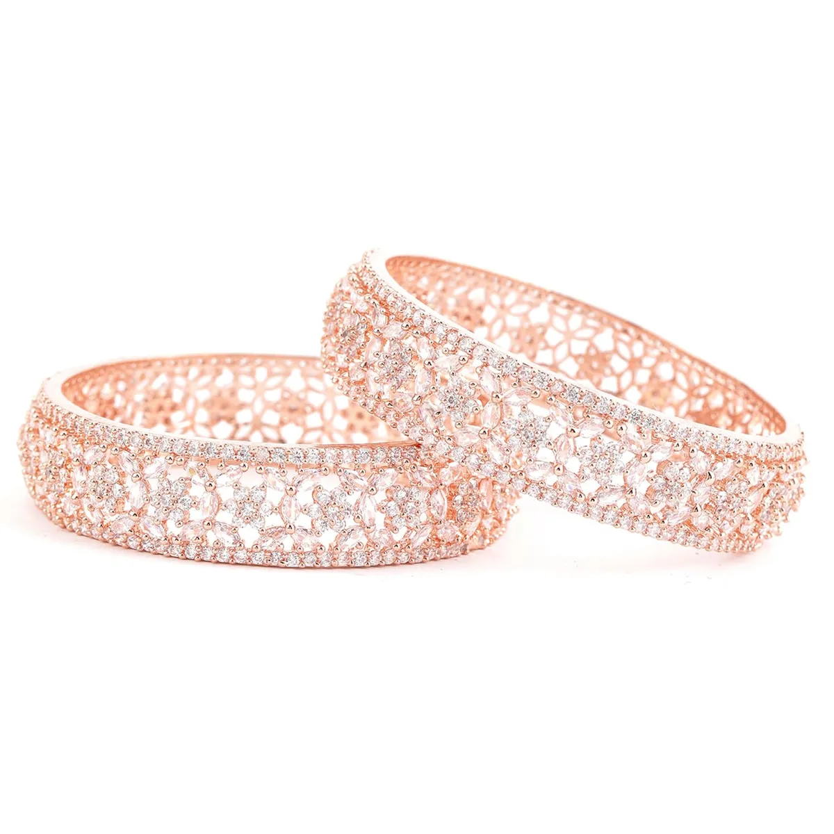Rubans Set of 2 Rose Gold Plated Zirconia Stone Studded Bangles for Women & Girls, Floral Design Perfect for Any | Festival | Wedding Occasion