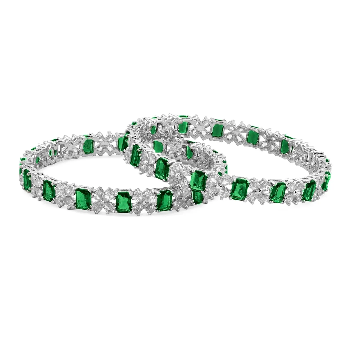Rubans Rhodium Plated Emerald Green Zircon Festive Bangles Set For Women