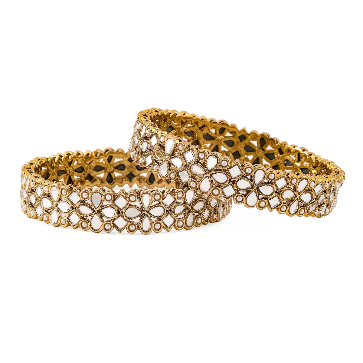 Rubans Gold Plated Mirror Work Floral Traditional Bangles Set For Women