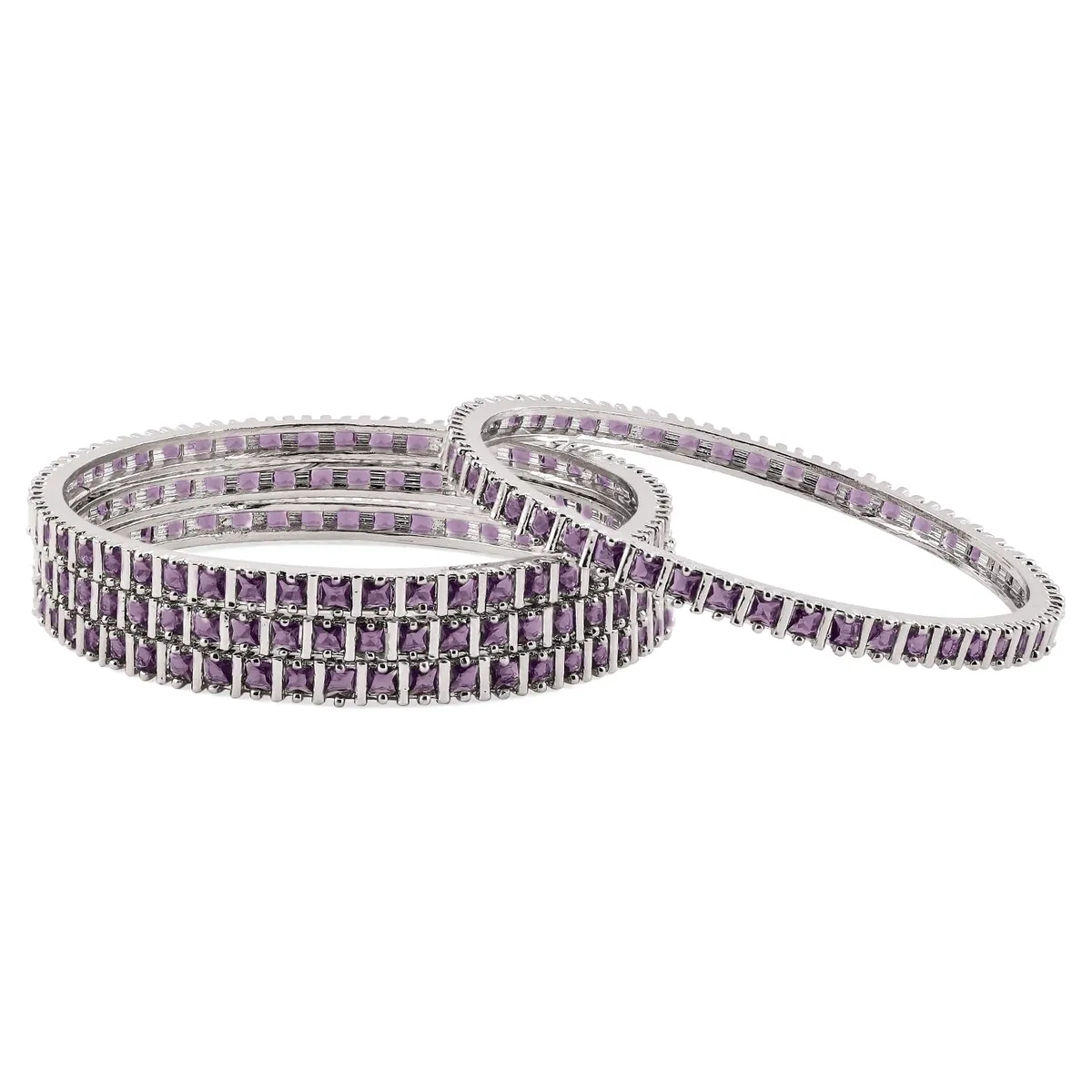 Rubans Rhodium Plated Lavender Zircon Handcrafted Bangles Set For Women