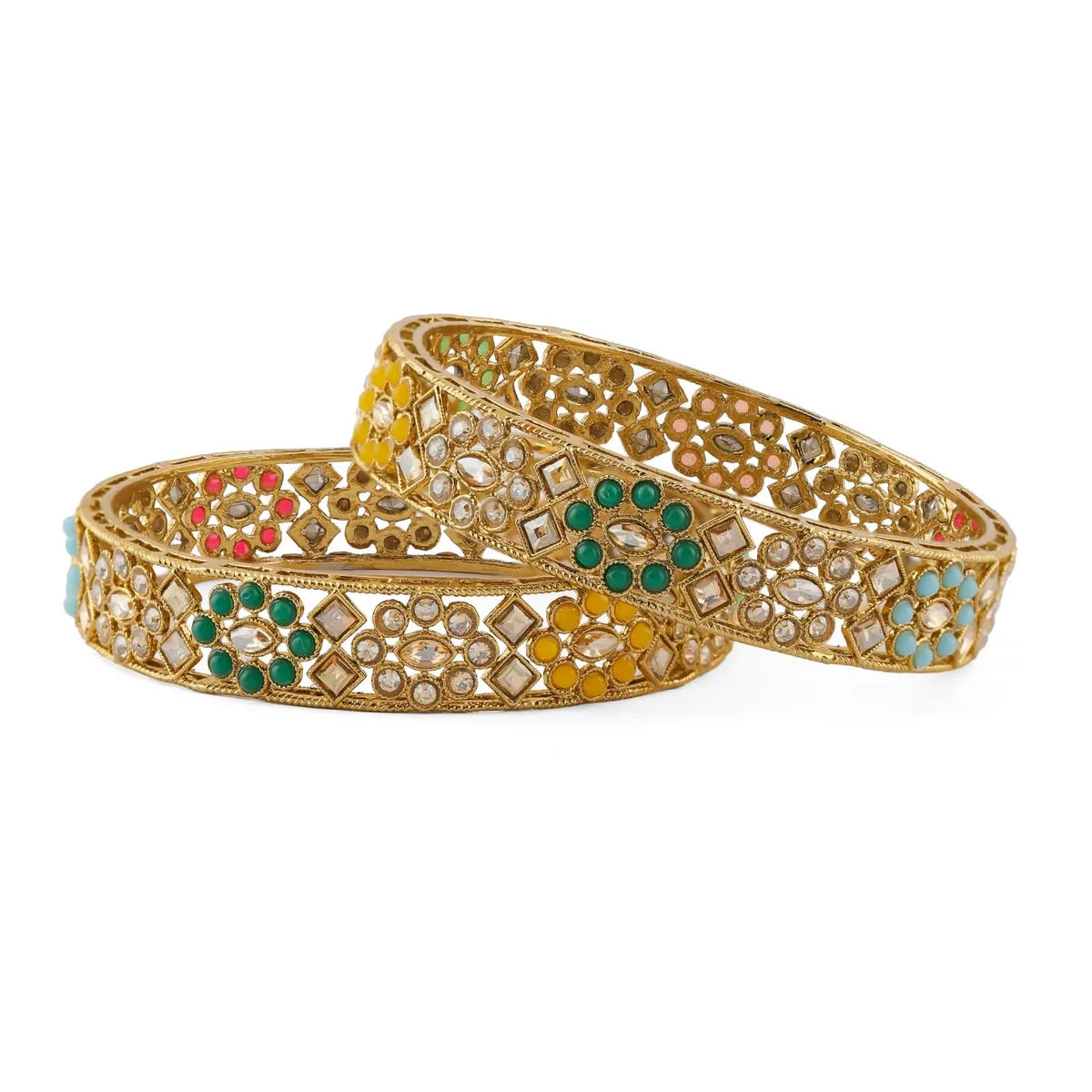 Rubans Gold Plated Multicolour Kundan Beaded Wedding Bangles Set For Women