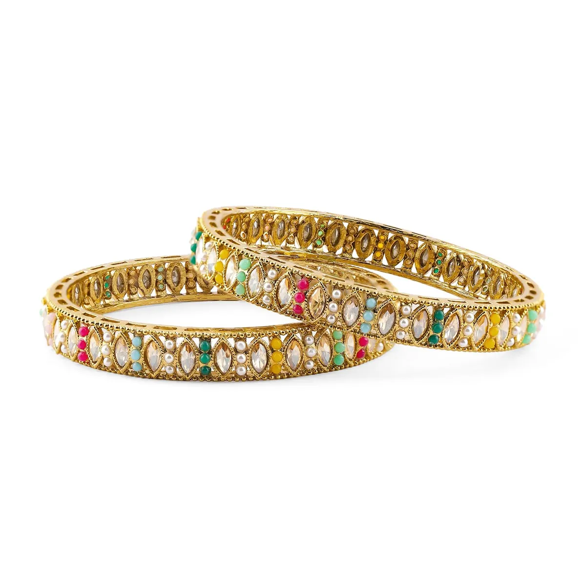 Rubans Gold Plated Multicolour Kundan Pearl Wedding Bangles Set For Women