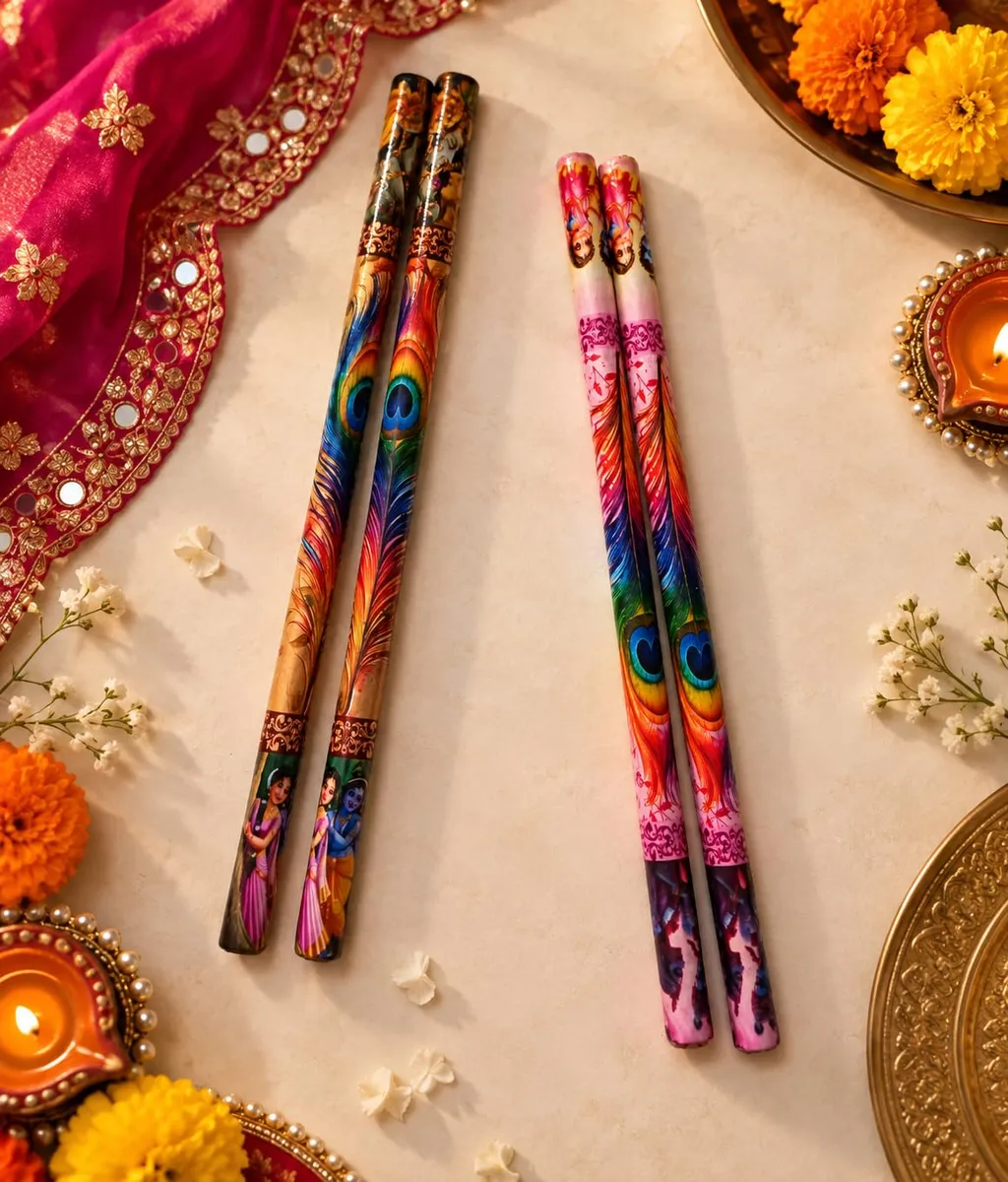 CartLog Peacock Feather Printed Dandiya Traditional Garba Dance Sticks | Designer Ethnic Dandiya Pair for Women, Men & Kids (1 Pair) (Random Color)