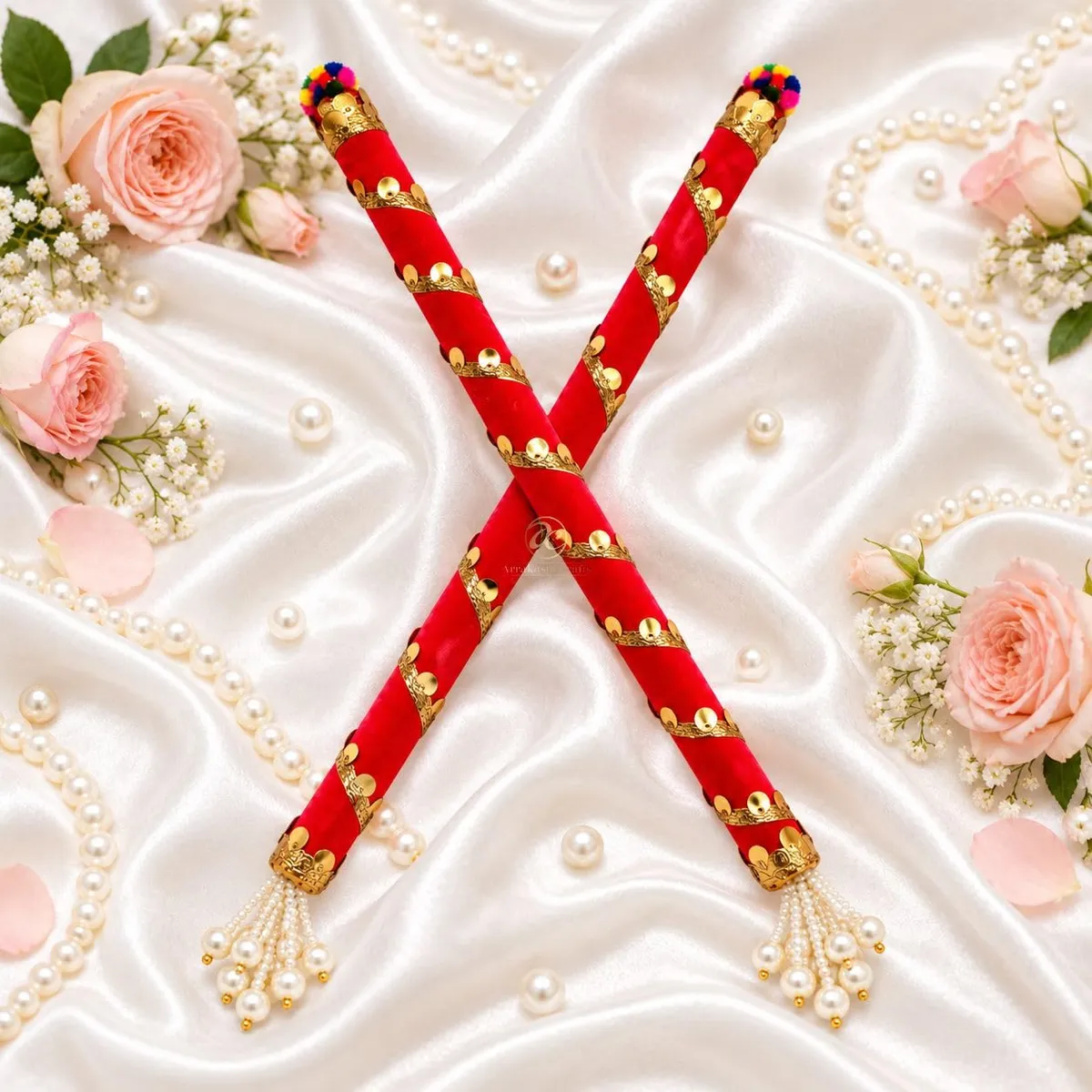 Luxury Premium Velvet Dandiya Sticks For Dance With Golden Sequin Lace & Pearl Tassels | Traditional Handcrafted Rajwadi Decorative Navratri Garba Dress Accessory 15 Inch ( 38 cm ) Wooden Dandiya Raas Sticks For Kids Women Girls Men Boys