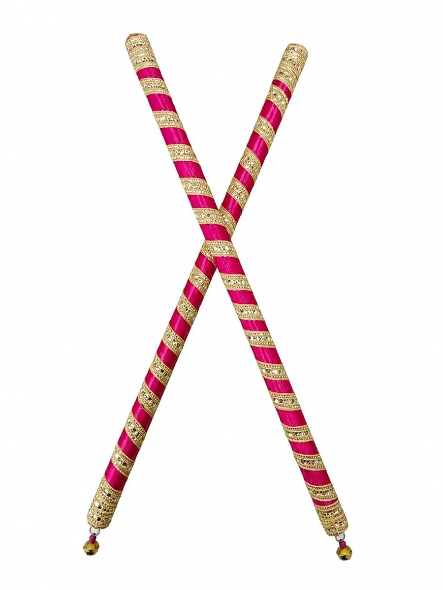 BookMyCostume Premium Decorative Wooden Dandiya Sticks | Pink & Golden Glitter Striped | Navratri Dance & Cultural Events (Set of 1 pair 2 Dandiya Sticks) | Fancy Dress Accessory for Kids & Adults