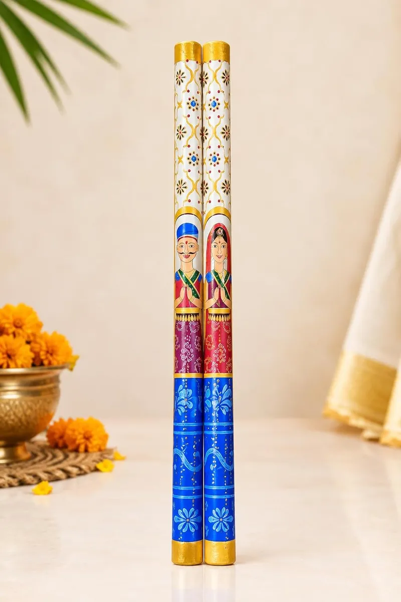 (Pack of 1 Pair) Printed Raja Rani Pairs Dandiya Sticks for Dance | Navratri Dancing Stick for Playing Garba | Garba Wooden Dandiya Sticks | Garba Stick With Silver Color Coin (Multicolor)