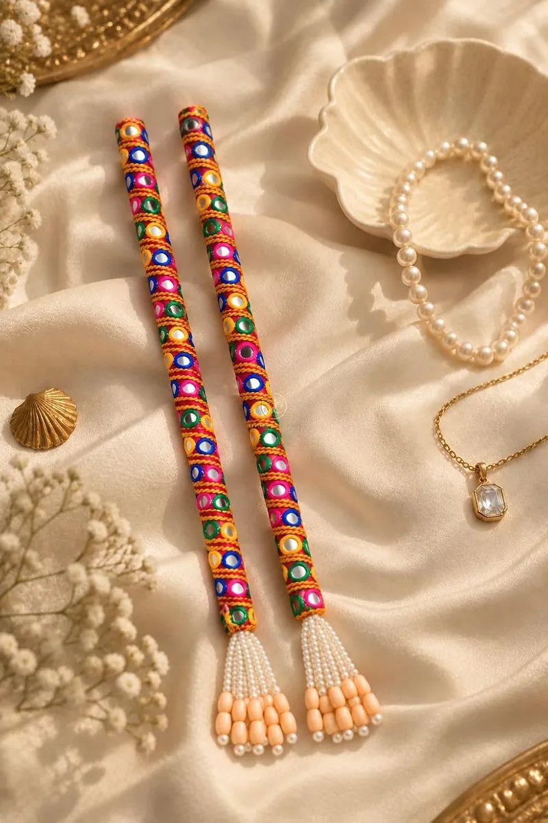Decorative Pretty Aesthetic Dandiya Sticks For Dance Kids And Adults Navratri | Colorful Mirror Work With Gold Thread & Pearl Beaded Tassels Premium Handcrafted 1 Pair / 2 Pair Chaniya Choli Gujarati Dandia Kolattam Stick For Garba Dance, Festive Decoration & Gifts
