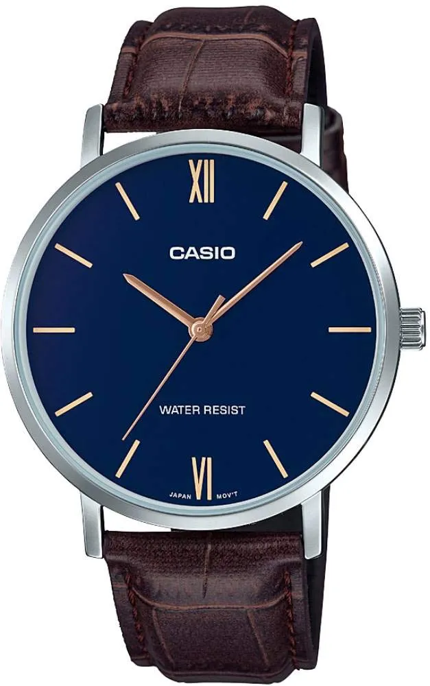 Casio MTP-VT01L-2B Men's Minimalistic Blue Dial Brown Leather Band Analog Watch