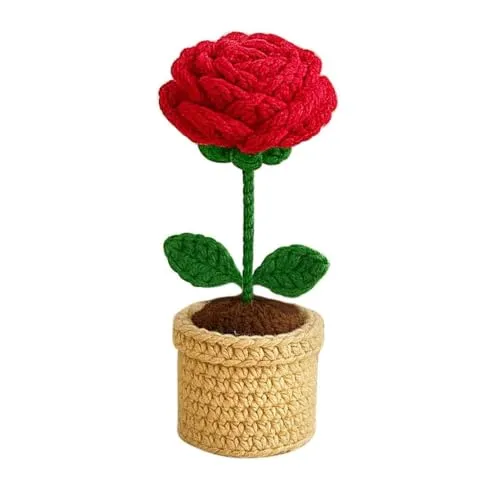 VCR Handmade Crochet Red Rose Pot - Pack of 1 - Hand Woven Knitted Artificial Red Rose Pot Hand Knitted Flower for Office Desk, Table, Car, Bedroom, Wedding & Special Occasions