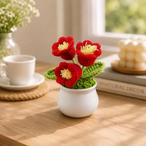TIED RIBBONS Artificial Crochet Flower with Pot - (Red, 13.5 cm x 8 cm) - Handmade Knitted Floral Arrangement with Decorative Leaves | Tabletop Home Décor, Desk, Gift for Girlfriend