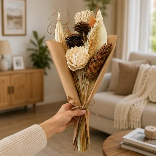 FLORA & FROND Decorative Dried Flower Bouquet, Pinecone White Rose Flowers, Flowers for Vase, Dried Flowers for Vase, Rustic Floral Bunch for Home Decor, Table, Wedding Decoration & Gifting