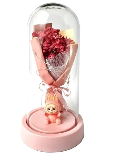 Fennec Mart Forever Dried Flower Bouquet with LED Light in Glass Dome Flowers Bunch for Home Decor, Gift for Birthday Anniversary Valentine's Day, Wedding, Festival Decoration (Pink Bouquet with Labu)