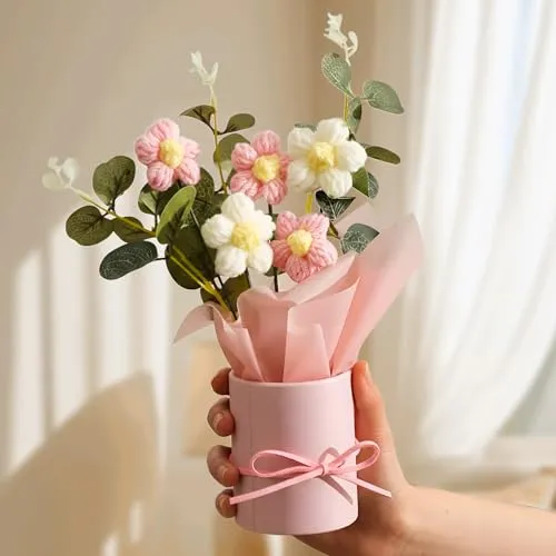 TIED RIBBONS Artificial Crochet Flowers Bouquet (Pink, 7.9 Inch x 2.6 Inch) - Handmade Knitted Floral Arrangement with Decorative Leaves | Tabletop Home Décor, Desk, Valentine Day Gift for Girlfriend