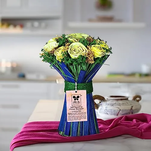 IRIS Home Fragrances Artificial Flowers Self Standing Yellow Flower Boquet- Wood- Unscented- 250G for Birthday/Anniversary/Welcome/House Warming/Wedding Gift Or Home. (Yellow)